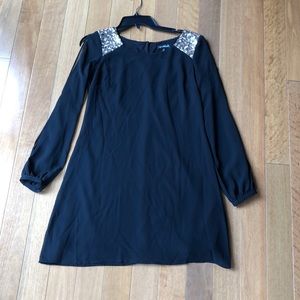 Black with gold sequin cold shoulder shift dress